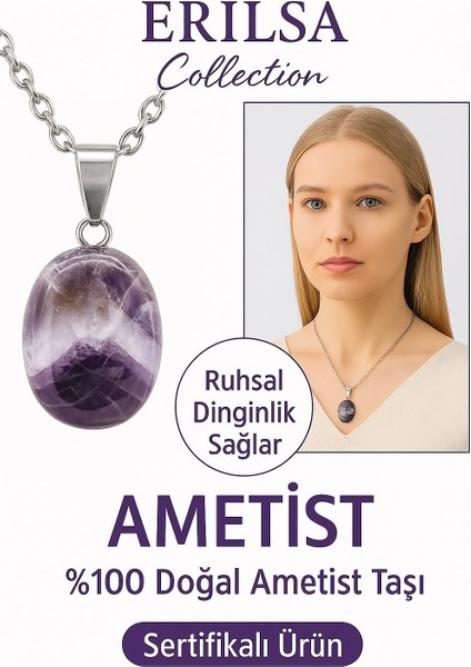 Sertifikalı Aaa+ Oval Ametist Taşı Kolye - Gümüş Aparatlı Zihni Arındırır