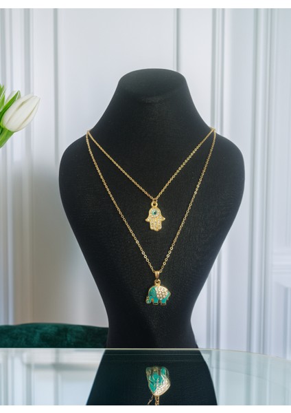 Zirkon Taşlı Turkuaz Kolye Seti, Gold Kaplama Fil Kolye, Nazar Boncuklu El Kolye