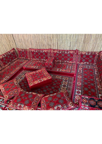 Şark Köşesi Minderi 120x180cm Kilim, Orta Puf Takımı Konsept Kırmızı 19 Parça