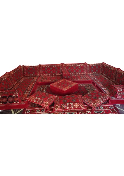 Şark Köşesi Minderi 120x180cm Kilim, Orta Puf Takımı Konsept Kırmızı 19 Parça