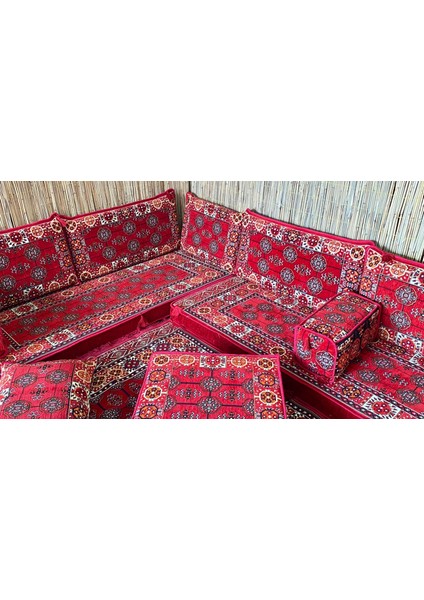 Şark Köşesi Minderi 120x180cm Kilim, Orta Puf Takımı Konsept Kırmızı 19 Parça