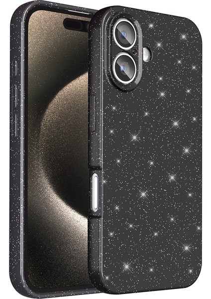 Apple iPhone 16 Kılıf Kamera Korumalı Simli Lüks Otnv Koton Kapak - Siyah