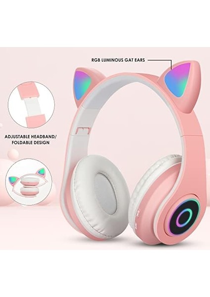 Bluetooth Kulaklık Kız Çocuk Kulak Üstü Kedi Kulaklığı Rgb LED Işık Katlanabilir Stereo Kablosuz Kulaklık Çocuklar ve Yetişkinler Için Mikrofonlu Dizüstü Bilgisayar / Pc / Tv (Pembe)