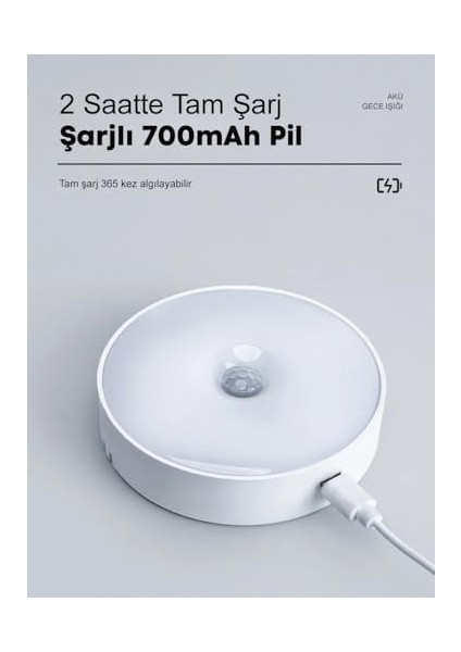LED Hareket Sensörlü Ledli Gece Lambası Şarj Edilebilir, Taşınabilir 4000K Günışığı (1 Adet)