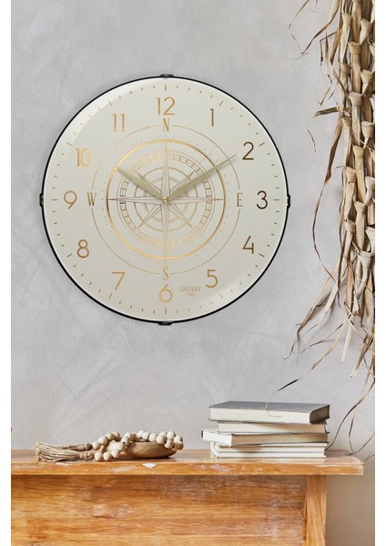 Exclucive Compass Serisi Bombeli Cam Yaldızlı Ev ve Ofis Duvar Saati 35 cm Krem