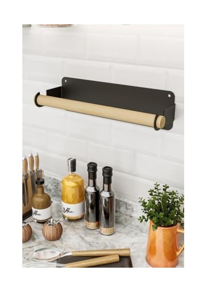 Yapışkanlı Doğal Gürgen Ağaç Ahşap Bar Metal Rulo Kağıt Havluluk, Kağıt Havlu Standı, Banyo Mutfak Havlu Çubuğu, Peçetelik Kağıt Havlu Rafı, Kağıt Havluluk Askısı (Metal, Siyah)