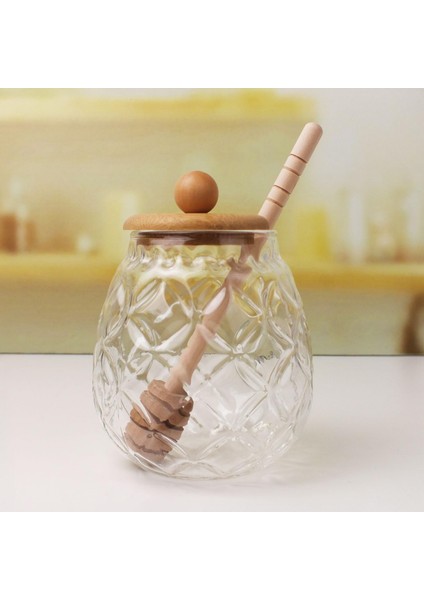 Bambu Kapaklı Cam Bal Kavanozu - 350ML | Kaşıklı & Şık Sunum Kavanozu | Doğal Ahşap Kapaklı Cam Bal Saklama Kabı