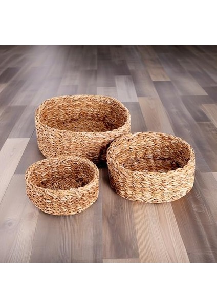 3'lü Rustik El Yapımı Doğal Yuvarlak Hasır Düzenleyici Seti | 3'lü Hasır Yuvarlak Organizer Seti - Dekoratif, Çok Amaçlı ve Dayanıklı Rattan Sepetler (30X30X12CM - 25X25X10CM - 20X20X8CM) fiyatları