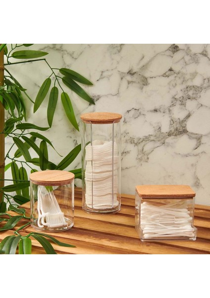 Ahşap Kapaklı 3'lü Organizer Set, Modern Pamukluk Düzenleyici Şık 3'lü Pamukluk Set - Şık ve Fonksiyonel Ahşap Kapaklı 3'lü Organizer Set - Mutfak ve Banyonuzu Düzenleyin!