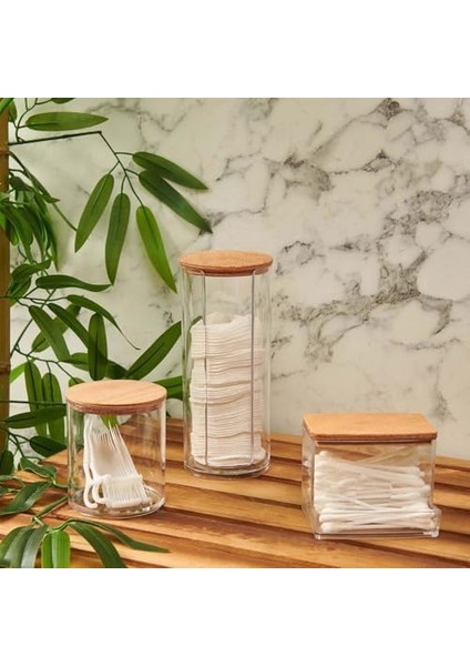 Ahşap Kapaklı 3'lü Organizer Set, Modern Pamukluk Düzenleyici Şık 3'lü Pamukluk Set - Şık ve Fonksiyonel Ahşap Kapaklı 3'lü Organizer Set - Mutfak ve Banyonuzu Düzenleyin!