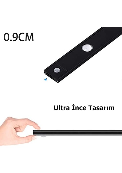 Geldi Sensörlü Şarjlı 3 Farklı Işık Renkli Dimmerli 40CM Siyah Cata Bella Ultra Slim Kabin LED