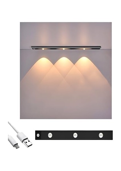 Geldi Sensörlü Şarjlı 3 Farklı Işık Renkli Dimmerli 40CM Siyah Cata Bella Ultra Slim Kabin LED