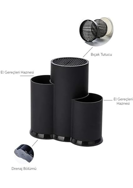 Çıkarılır Hazneli Tezgahüstü Bıçak Standı - Bıçaklık - Kaşıklık - Kepçelik - Mutfak Düzenleyici - Mutfak Organizeri - Bıçak Çatal Kaşık Standı - Pc+ (Siyah)