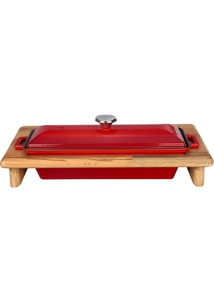 Döküm Ekmek Kabı ve Ahşap Standı, 11X29CM, Kırmızı