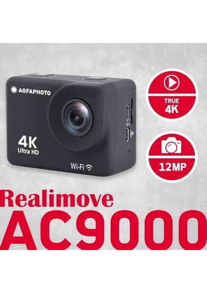 Realimove AC9000-30 Su Geçirmez Dijital Eylem Kamera (Gerçek 4K Eıs Anti-Shake, 170 Â ° Açı, 2.0 Inç LCD Ekran, 18 Zubehörteile, Wlan) Siyah M modelleri