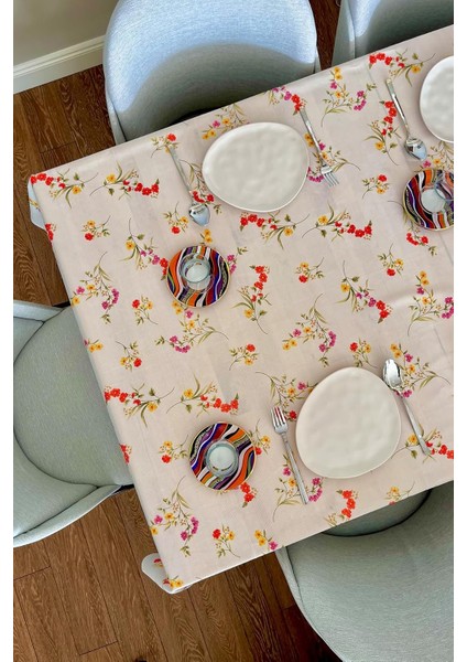 & Laurel Baskılı Yıkanabilir Masa Örtüsü Mutfak Bahçe Piknik Masa Örtüsü Kırmızı Ağırlıklı Çiçek Desenli (140 x 140)