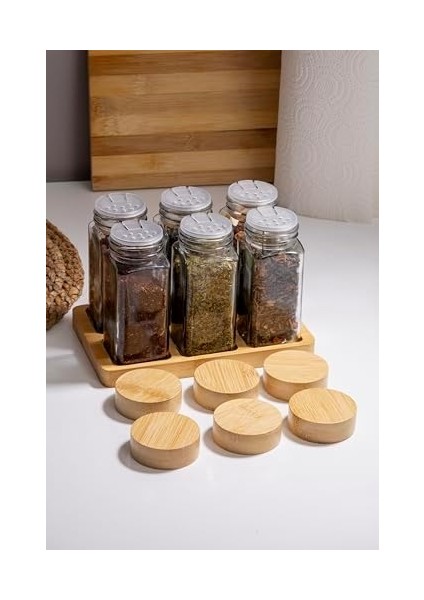 Doğal Bambu Kapaklı 6'lı Cam Baharatlık Seti Vakumlu Kapak ve Ahşap Stand