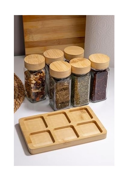 Doğal Bambu Kapaklı 6'lı Cam Baharatlık Seti Vakumlu Kapak ve Ahşap Stand