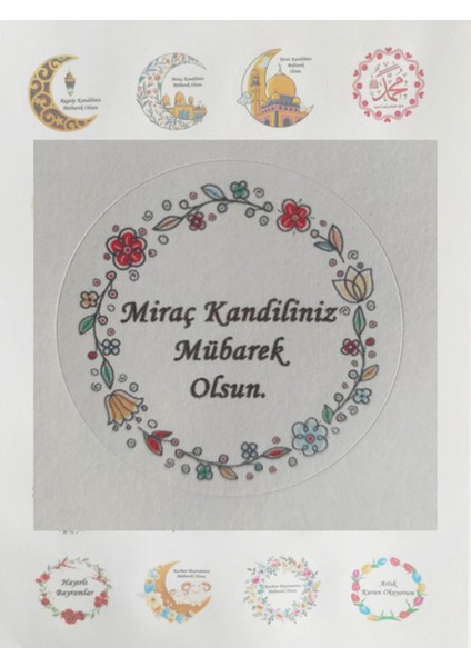 48 Adet 4 cm Çiçekli Miraç Kandiliniz Mübarek Olsun Baskılı Etiket Sticker