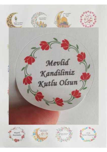 48 Adet 4 cm Çiçekli Mevlid Kandiliniz Kutlu Olsun Baskılı Etiket Sticker