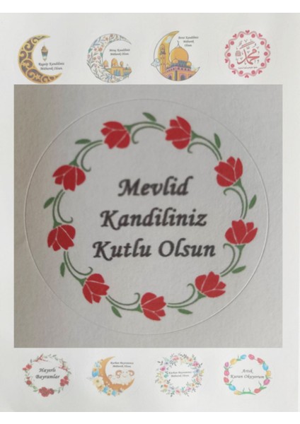 48 Adet 4 cm Çiçekli Mevlid Kandiliniz Kutlu Olsun Baskılı Etiket Sticker
