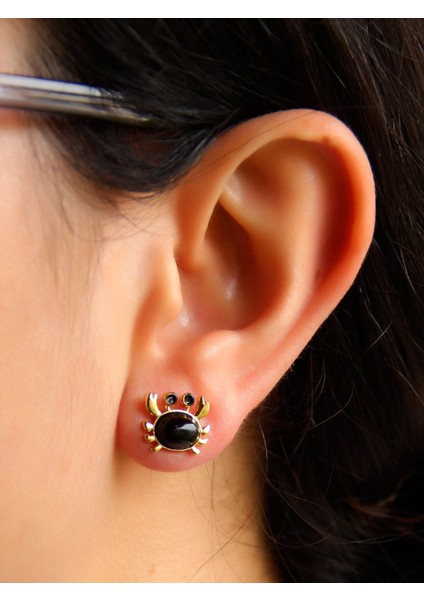 Doğal Taş Oniks Doğal Taşlı Yengeç Altın Kaplama Kadın Küpe EUK21O