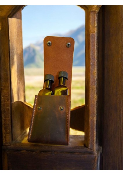 Cam Şişe Seti (2'Li) Deri Kılıflı Yağdanlık Kamp Piknik Mangal