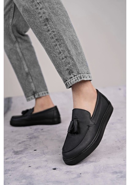 SLW153 Bloom Bağcıksız Püsküllü Cilt Erkek Günlük Spor Klasik Ayakkabı St - Siyah