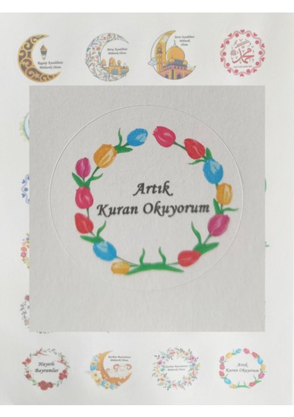 48 Adet 4 cm Çiçekli Artık Kuran Okuyorum Baskılı Etiket Sticker