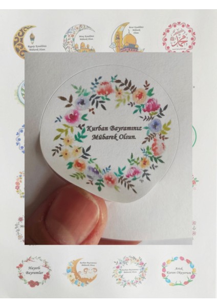 48 Adet 4 cm Çiçekli Kurban Bayramınız Mübarek Olsun Baskılı Etiket Sticker