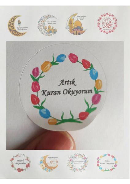 48 Adet 4 cm Çiçekli Artık Kuran Okuyorum Baskılı Etiket Sticker