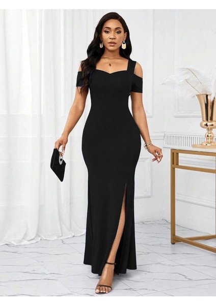 Kadın Omuzlardan Açık Askılı Yırtmaç Detaylı Uzun Ithal Krep Elbise