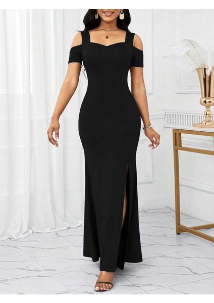 Kadın Omuzlardan Açık Askılı Yırtmaç Detaylı Uzun Ithal Krep Elbise indirimleri