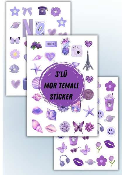 Mor Temalı 3 Lü Sticker Planner Ajanda Bullet Journal Için Uygun Set