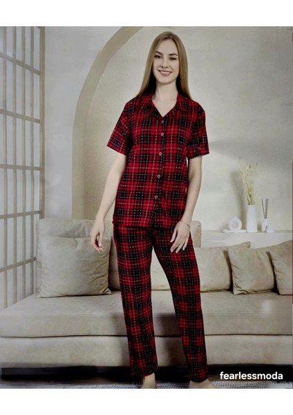 Kırmızı Ekoseli Kısa Kollu Yazlık Kadın Pijama Takımı