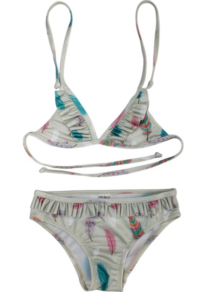 Kız Çocuk Fırfır Detaylı Üçgen Bağlamalı Kuş Tüyü Desen Baskılı Bikini Takımı fiyatları
