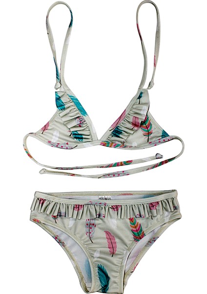 Kız Çocuk Fırfır Detaylı Üçgen Bağlamalı Kuş Tüyü Desen Baskılı Bikini Takımı modelleri