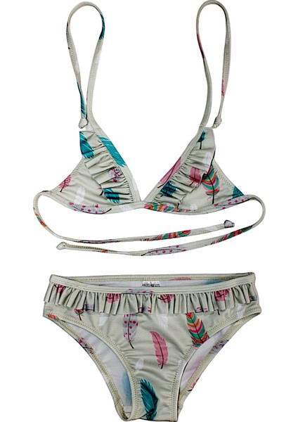 Kız Çocuk Fırfır Detaylı Üçgen Bağlamalı Kuş Tüyü Desen Baskılı Bikini Takımı fırsatları