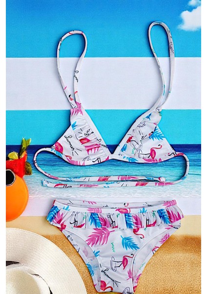 Kzı Çocuk Fırfır Detaylı Üçgen Bağlamalı Summer Flamingo Bikini Takımı fiyatları