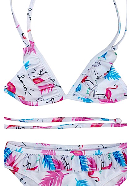Kzı Çocuk Fırfır Detaylı Üçgen Bağlamalı Summer Flamingo Bikini Takımı modelleri
