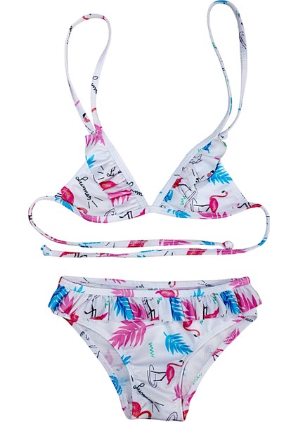 Kzı Çocuk Fırfır Detaylı Üçgen Bağlamalı Summer Flamingo Bikini Takımı fırsatları
