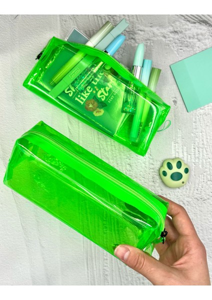 Yeşil Şeffaf Xl Çok Amaçlı Kalem Kutusu Makyaj Çantası Kalemlik