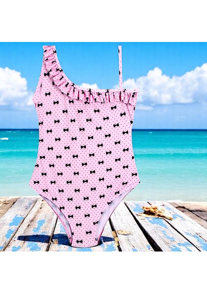 Kız Çocuk Fırfırlı Ince Askılı Tek Omuz Toz Pembe Renk Mayo