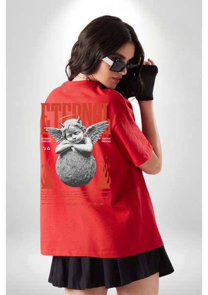 Sonsuz Şeytan Bebek Adalet Öncelikleri Kadın Erkek Ön Minimal Sırt Baskılı Kırmızı Pamuklu Tişört fiyatları