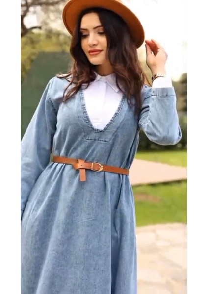 Premium Kalite Kemerli Gömlek Yaka Denim Kot Elbise Tesettür Uyumlu Jean Elbise fiyatları