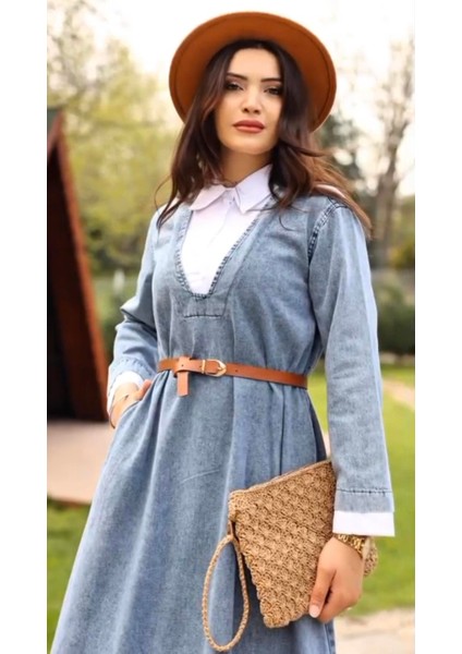 Premium Kalite Kemerli Gömlek Yaka Denim Kot Elbise Tesettür Uyumlu Jean Elbise indirimleri