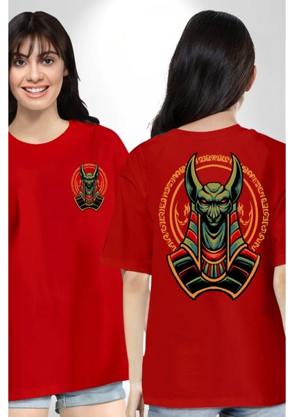 Mısır Anubis Köpek Kral Eski Motif Kadın Erkek Ön Minimal Sırt Baskılı Kırmızı Pamuklu Tişört