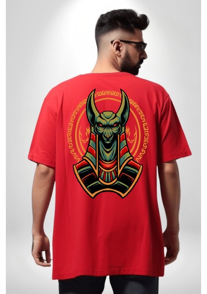 Mısır Anubis Köpek Kral Eski Motif Kadın Erkek Ön Minimal Sırt Baskılı Kırmızı Pamuklu Tişört fiyatları