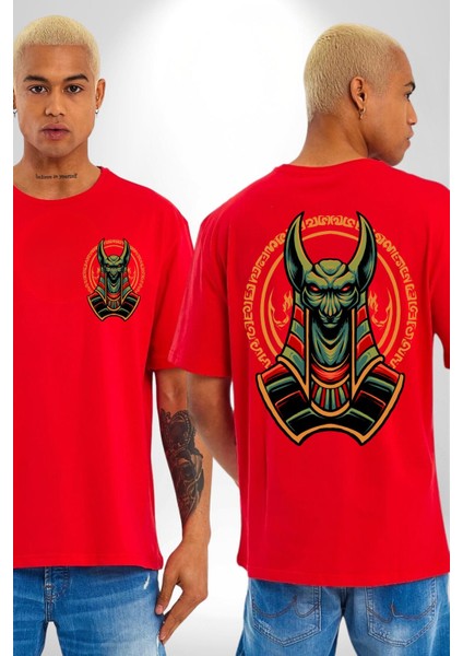 Mısır Anubis Köpek Kral Eski Motif Kadın Erkek Ön Minimal Sırt Baskılı Kırmızı Pamuklu Tişört fırsatları