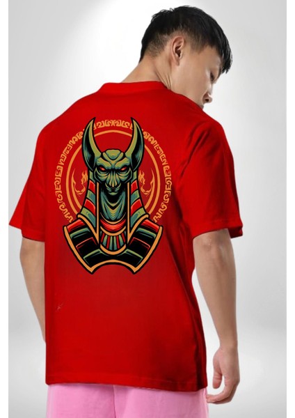 Mısır Anubis Köpek Kral Eski Motif Kadın Erkek Ön Minimal Sırt Baskılı Kırmızı Pamuklu Tişört indirimleri